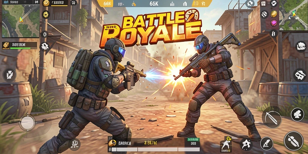 Tangkapan layar utama <strong>66K</strong> menunjukkan aksi seru dalam pertempuran Battle Royale.