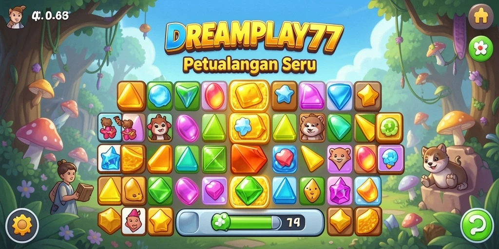 Tampilan gameplay Match-3 yang penuh warna dan seru.