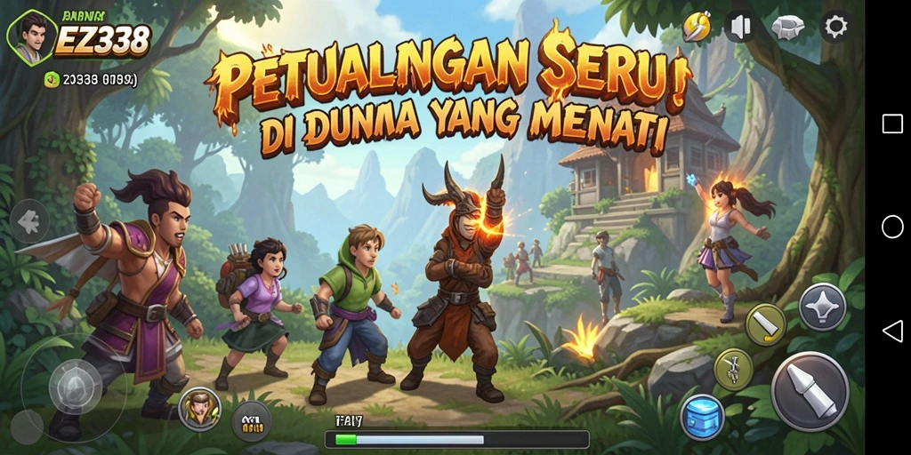 Screenshot utama EZ338 menampilkan gameplay petualangan yang mendebarkan dan penuh warna.