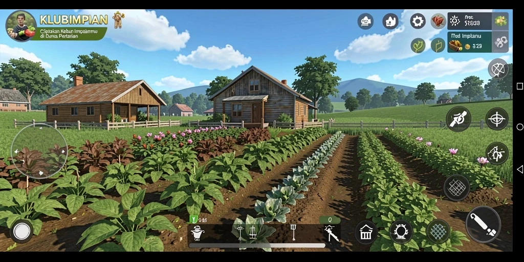 Tampilan gameplay yang menarik dari KLUBIMPIAN dengan kebun yang subur.