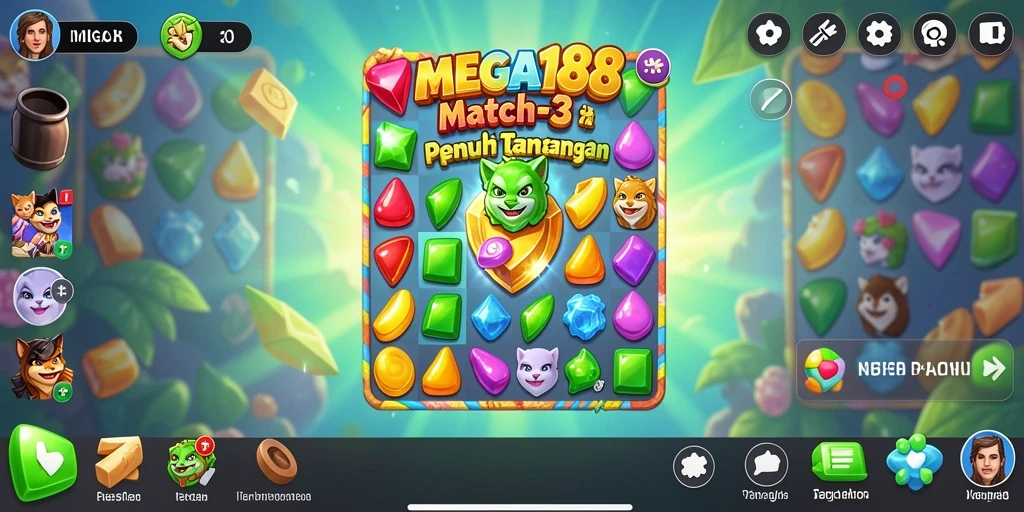 Tangkapan layar MEGA188 menampilkan gameplay Match-3 yang penuh warna dan seru.